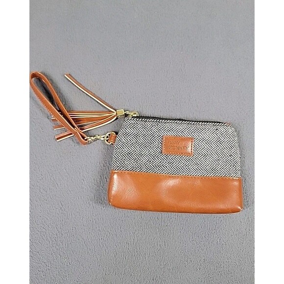 Funky Monkey Wristlet  Zippered Pouch Gray Herringbone Brown Tassel City Lined - Picture 1 of 10